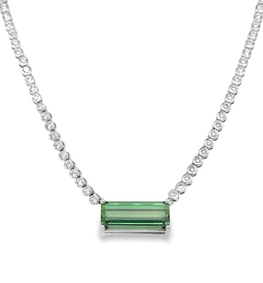14KT WHITE GOLD GREEN TOURMALINE AND DIAMOND BEZEL TENNIS NECKLACE