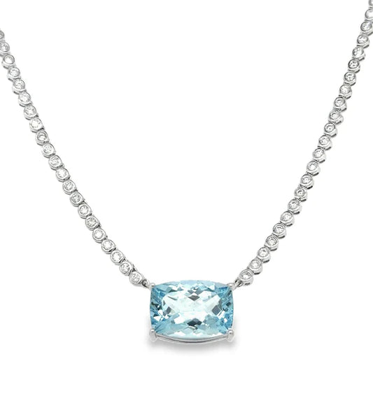 14KT WHITE GOLD AQUAMARINE AND DIAMOND BEZEL TENNIS NECKLACE