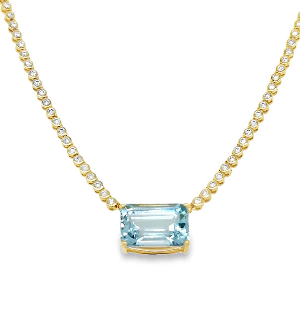14KT YELLOW GOLD AQAQUAMARINE AND DIAMOND BEZEL TENNIS NECKLACE