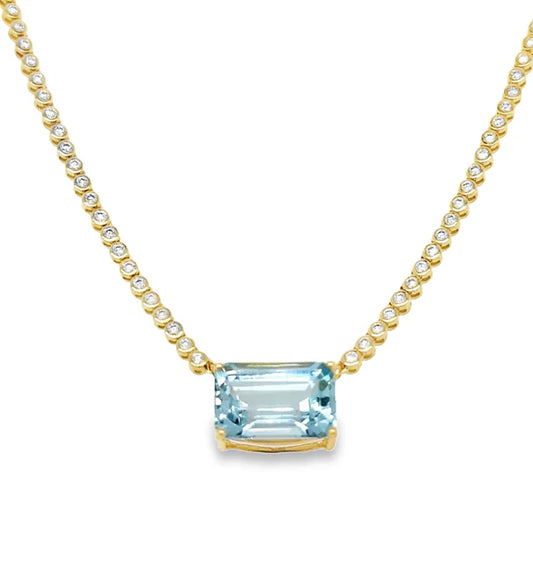 14KT YELLOW GOLD AQAQUAMARINE AND DIAMOND BEZEL TENNIS NECKLACE