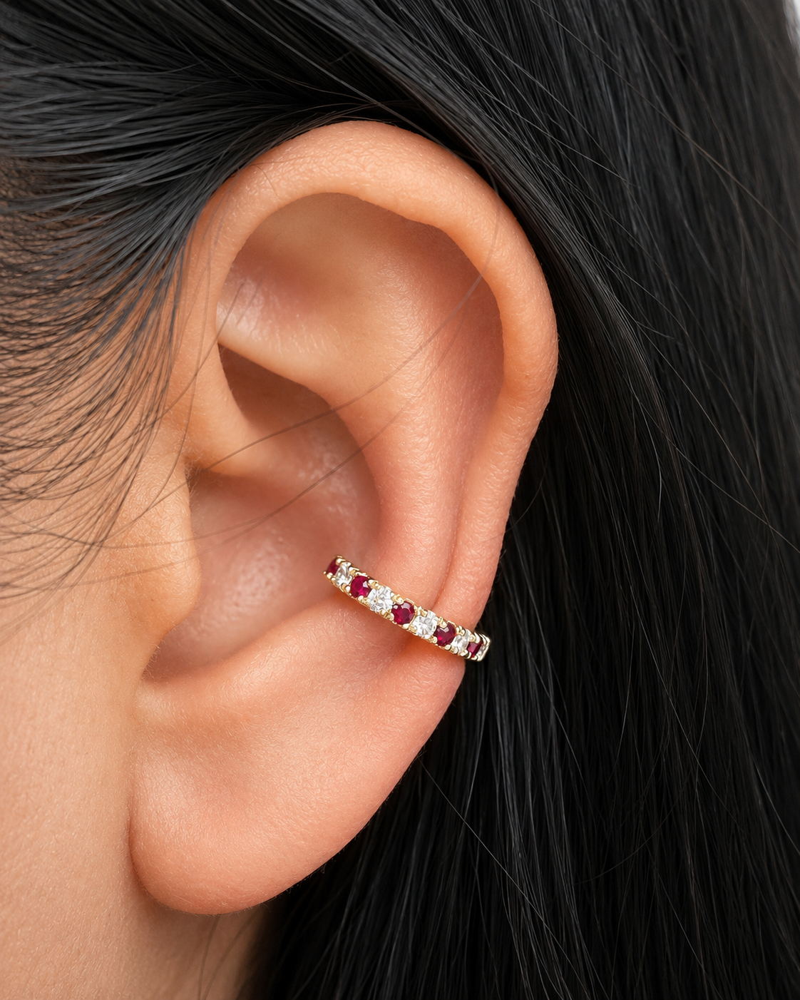 14K Gold White Diamond & Ruby Ear Cuff