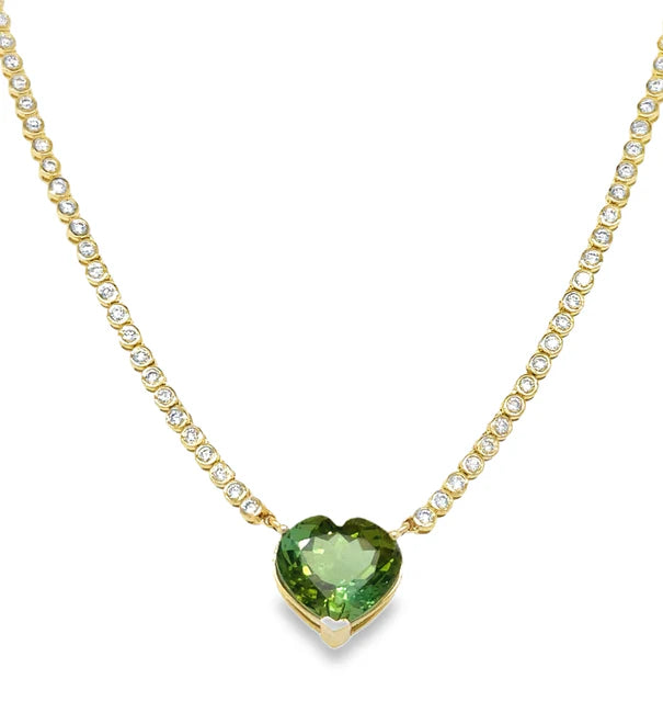14KT YELLOW GOLD GREEN TOURMALINE AND DIAMOND BEZEL TENNIS NECKLACE