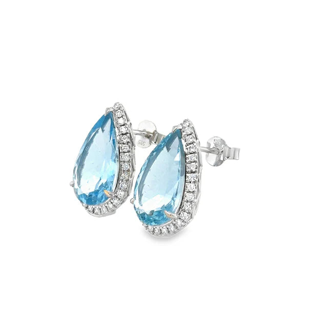 14KT WHITE GOLD TEARDROP AQUAMARINE AND DIAMONDS EARRING
