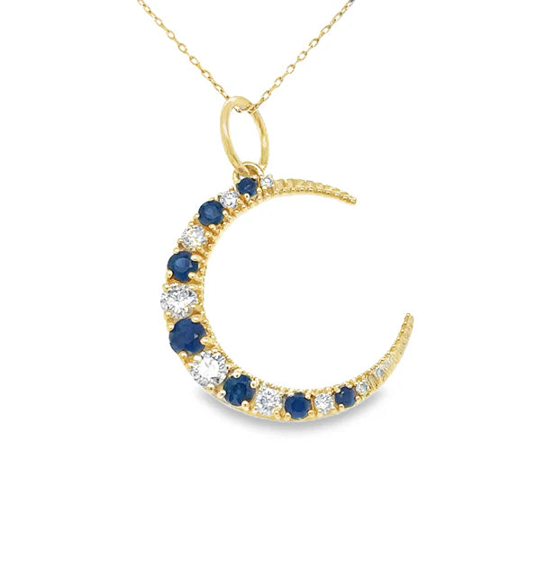14KT YELLOW GOLD HALF MOON PENDANT WITH SAPPHIRE AND DIAMONDS