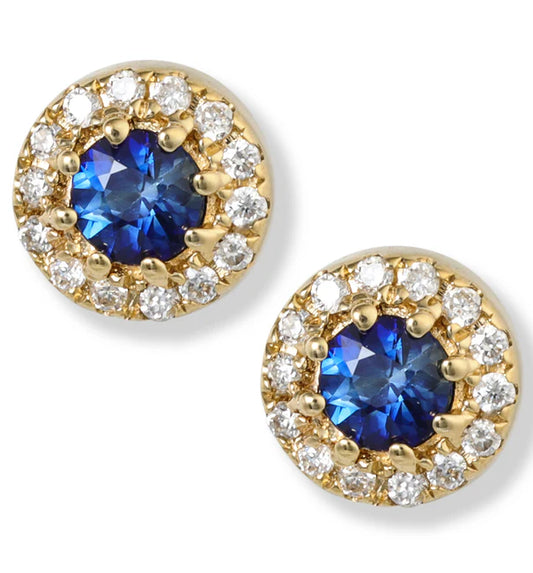 14KT.GOLD/DIAMOND WITH BLUE SAPPHIRE ROUND EARRINGS 4.5 MM.