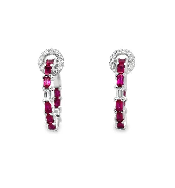 18KT WHITE GOLD RUBY AND DIAMONDS HOOP EARRING