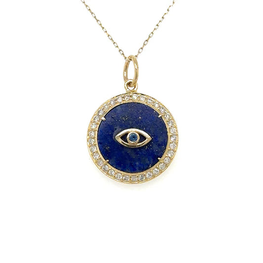 YELLOW GOLD LAPIS EVIL EYE PENDENT WITH DIAMONDS