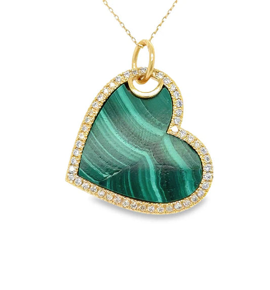 14KT YELLOW GOLD MALACHITE HEART PENDANT WITH DIAMONDS
