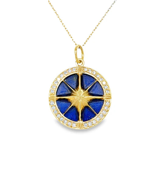 14KT YELLOW GOLD LAPIS COMPASS PENDANT WITH DIAMONDS