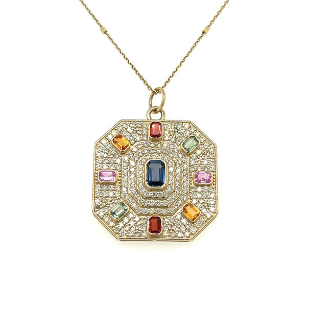 14KT YELLOW GOLD PENDANT WITH SAPPHIRE AND DIAMONDS