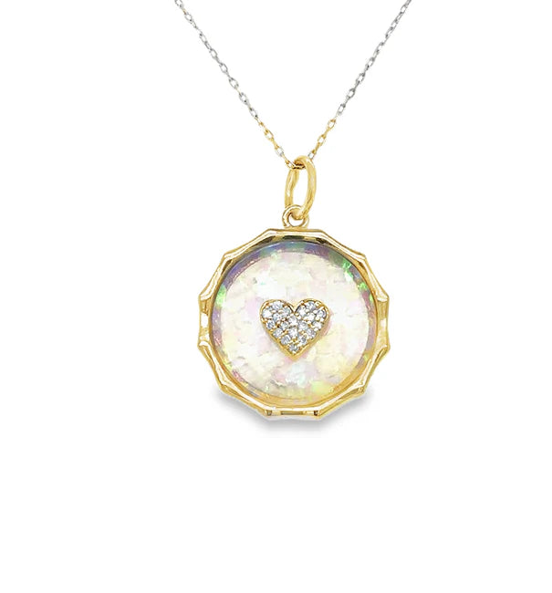 14KT YELLOW GOLD OPAL HEART PENDANT WITH DIAMONDS
