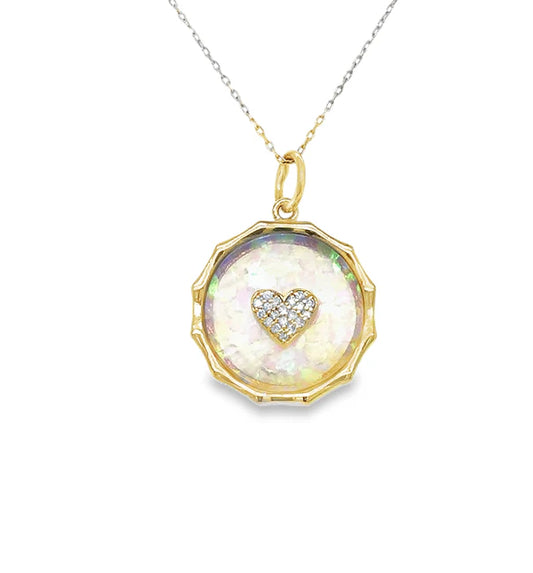 14KT YELLOW GOLD OPAL HEART PENDANT WITH DIAMONDS