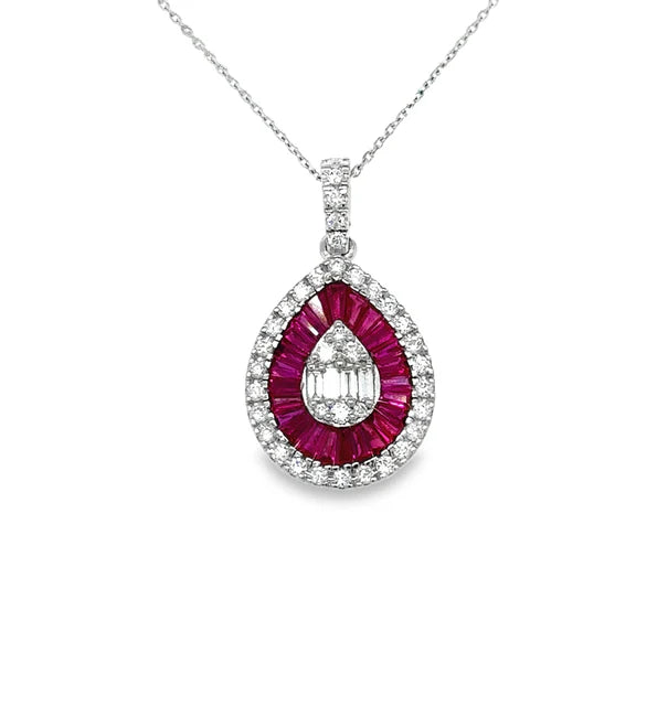 14KT WHITE GOLD RUBY AND DIAMONDS PEAR SHAPE PENDANT