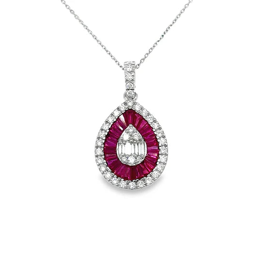 14KT WHITE GOLD RUBY AND DIAMONDS PEAR SHAPE PENDANT
