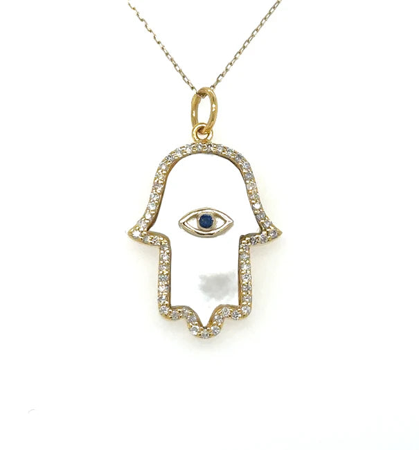 14KT YELLOW GOLD MOTHER OF PEARL HAMSA PENDANT WITH DIAMONDS