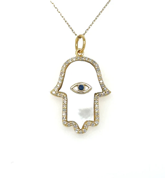 14KT YELLOW GOLD MOTHER OF PEARL HAMSA PENDANT WITH DIAMONDS