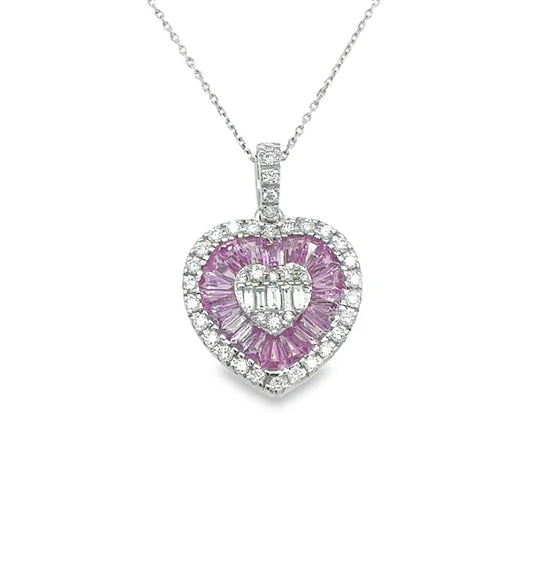 14KT WHITE GOLD PINK SAPPHIRE AND DIAMONDS HEART SHAPE PENDANT