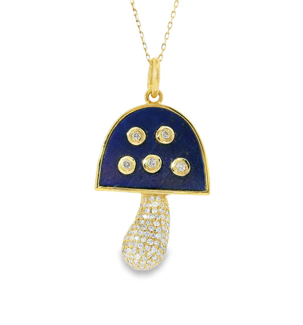 14KT YELLOW GOLD LAPIS MUSHROOM PENDANT WITH DIAMONDS