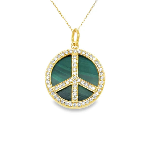 14KT YELLOW GOLD MALACHITE PEACE SIGN PENDANT WITH DIAMONDS