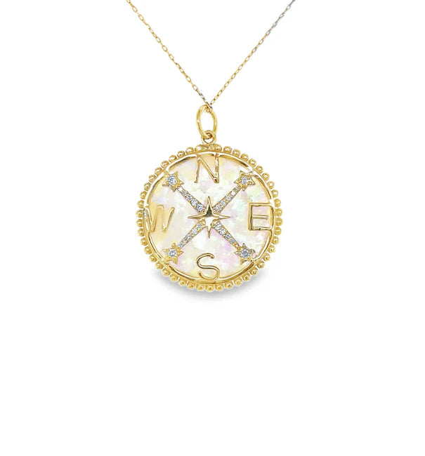 14KT YELLOW GOLD OPAL AND DIAMOND COMPASS PENDANT