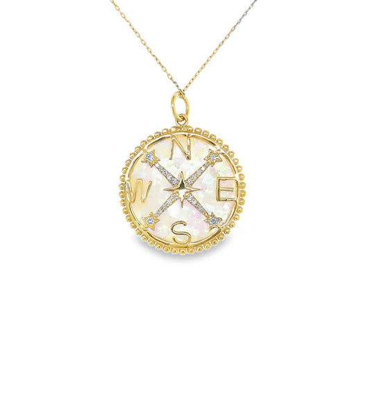 14KT YELLOW GOLD OPAL AND DIAMOND COMPASS PENDANT