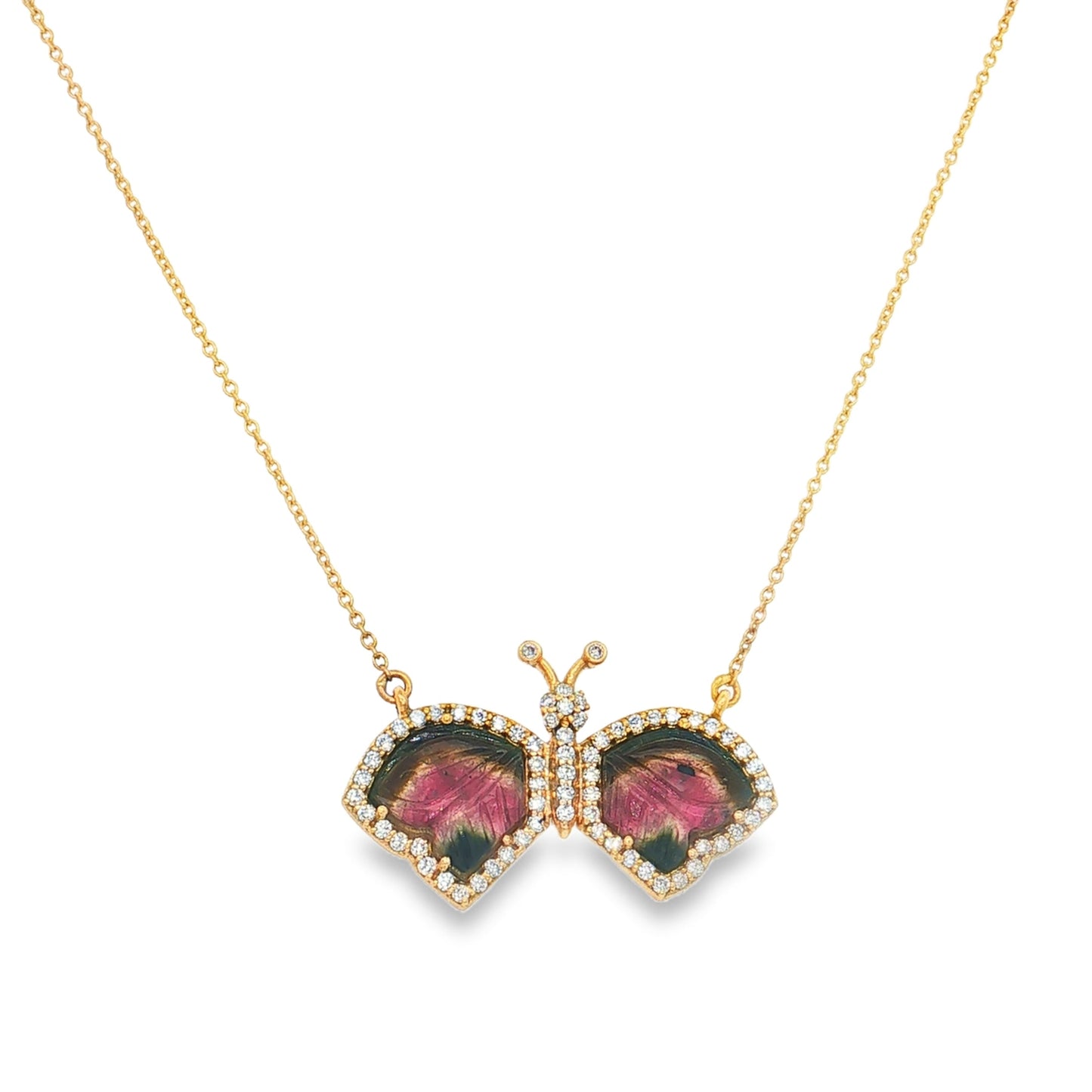 14KT YELLOW GOLD WATERMELON TOURMALINE AND DIAMONDS BUTTERFLY NECKLACE