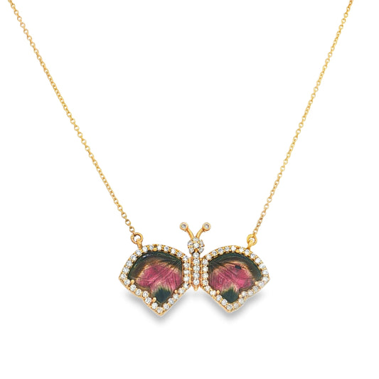 14KT YELLOW GOLD WATERMELON TOURMALINE AND DIAMONDS BUTTERFLY NECKLACE