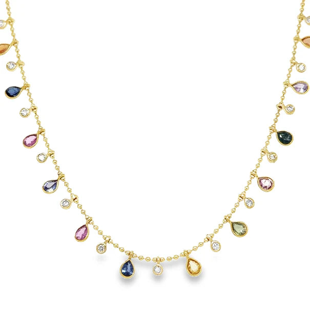 14KT YELLOW GOLD PEAR SHAPE EMERALD AND DIAMOND DANGLING NECKLACE