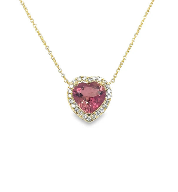 14KT YELLOW GOLD HEART SHAPE TOURMALINE AND DIAMONDS NECKLACE