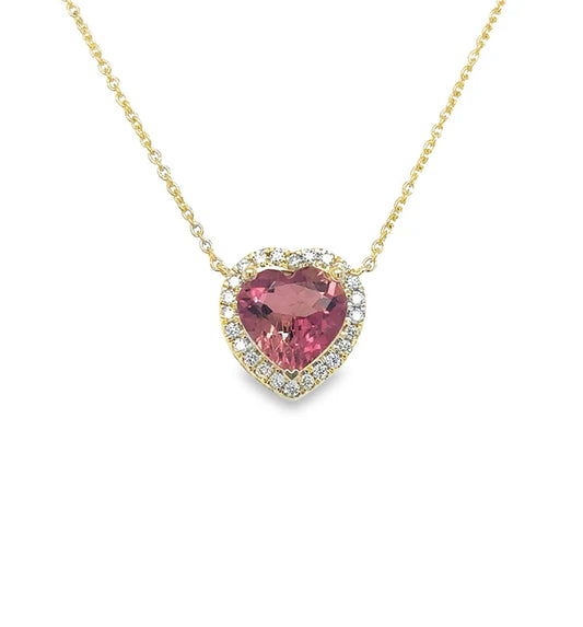 14KT YELLOW GOLD HEART SHAPE TOURMALINE AND DIAMONDS NECKLACE