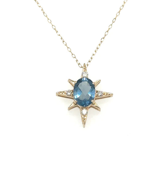 14KT YELLOW GOLD STARBURST PENDANT WITH TOPAZ AND DIAMONDS