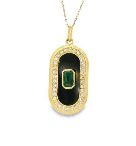 14KT YELLOW GOLD BLACK ONYX PENDANT WITH EMERALD AND DIAMONDS