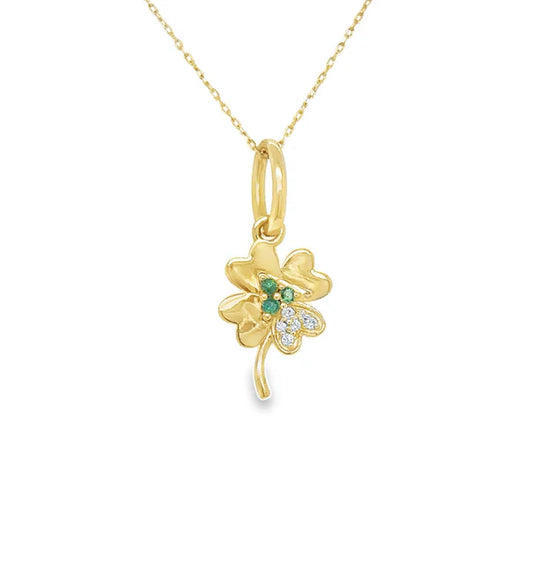 14KT YELLOW GOLD EMERALD AND DIAMOND CLOVER PENDANT