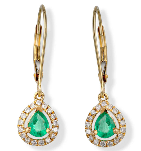 14KT YELLOW GOLD DIAMOND AND EMERALD DANGLING EARRINGS