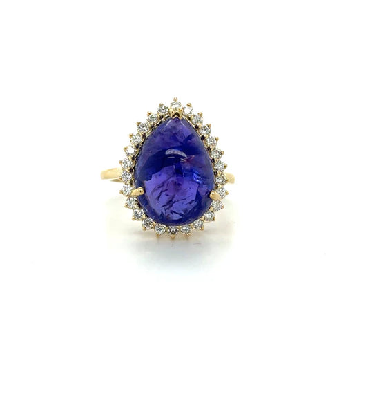 14KT YELLOW GOLD PEAR SHAPE TANZANITE AND DIAMOND RING