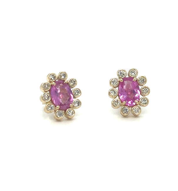 14KT YELLOW GOLD FLOWER EARRING WITH PINK SAPPHIRE AND DIAMONDS