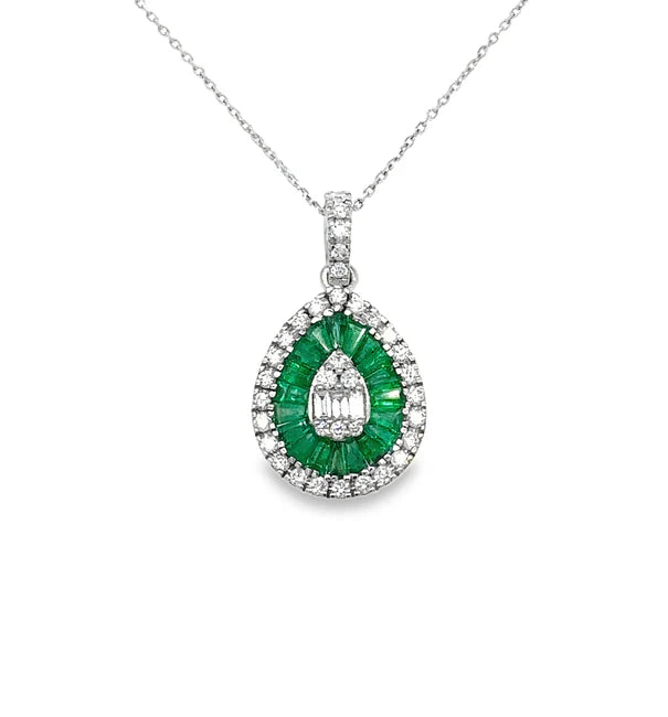 14KT WHITE GOLD EMERALD AND DIAMONDS PEAR SHAPE PENDANT