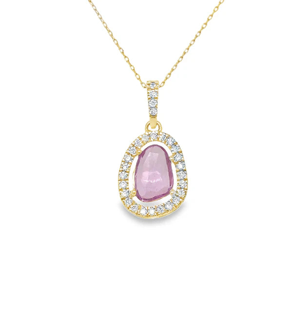 14KT YELLOW GOLD PINK SAPPHIRE AND DIAMONDS PENDANT