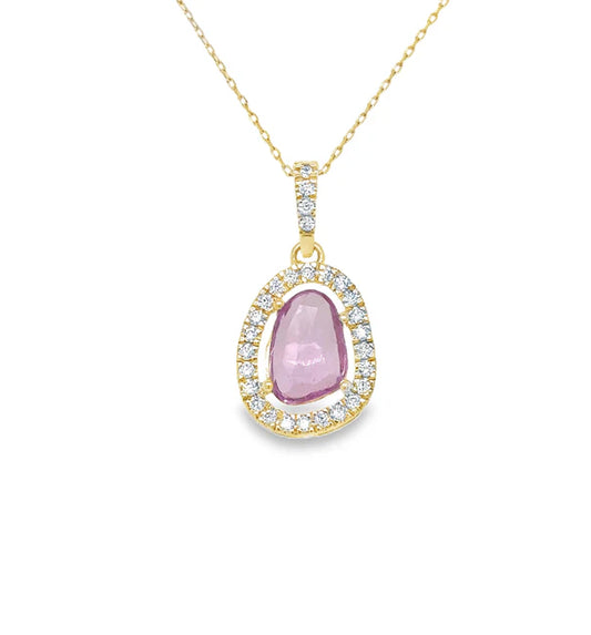 14KT YELLOW GOLD PINK SAPPHIRE AND DIAMONDS PENDANT