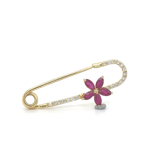 14KT YELLOW GOLD RUBY AND DIAMONDS SAFETY PIN