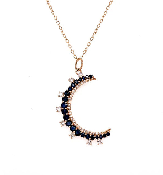 14KT YELLOW GOLD BLUE SAPPHIRE MOON PENDANT WITH DIAMONDS