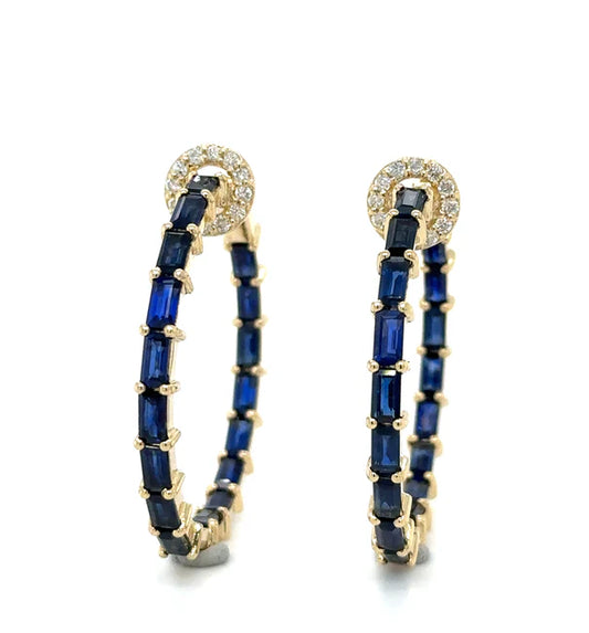 14KT YELLOW GOLD SAPPHIRE AND DIAMONDS HOOP EARING
