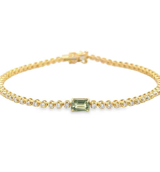 14KT YELLOW GOLD GREEN SAPPHIRE OCT AND DIAMOND TENNIS BRACELET
