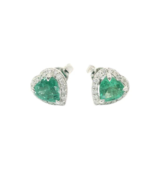 18KT WHITE GOLD HEART SHAPE EMERALD AND DIAMONDS EARRING