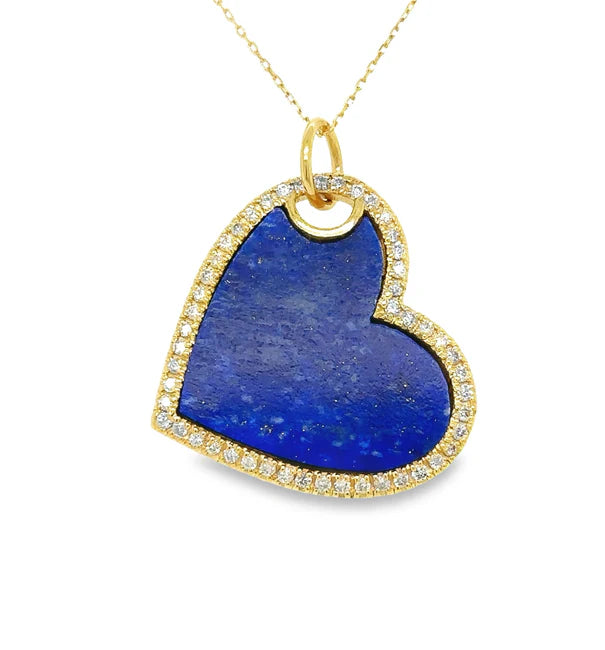 14KT YELLOW GOLD LAPIS HEART PENDANT WITH DIAMONDS
