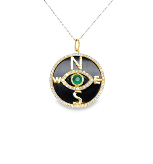 14KT YELLOW GOLD BLACK ONYX AND EMERALD COMPASS PENDANT WITH DIAMONDS