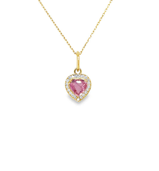 14KT YELLOW GOLD HEART PENDANT WITH PINK SAPPHIRE AND DIAMONDS