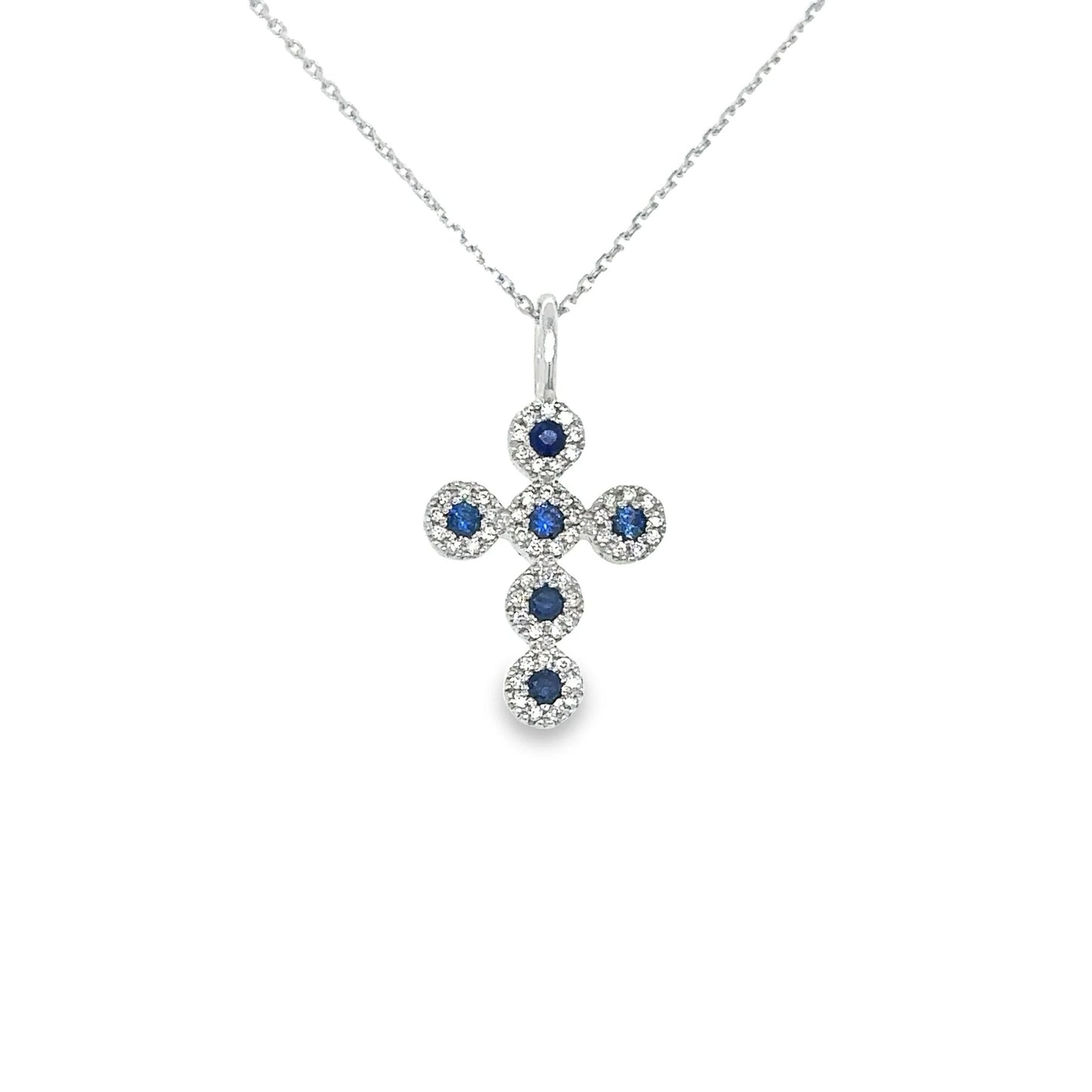 14KT WHITE GOLD AND GOLD CROSS PENDANT BLUE SAPPHIRE AND DIAMONDS