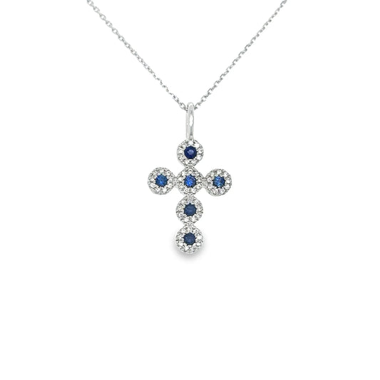 14KT WHITE GOLD AND GOLD CROSS PENDANT BLUE SAPPHIRE AND DIAMONDS