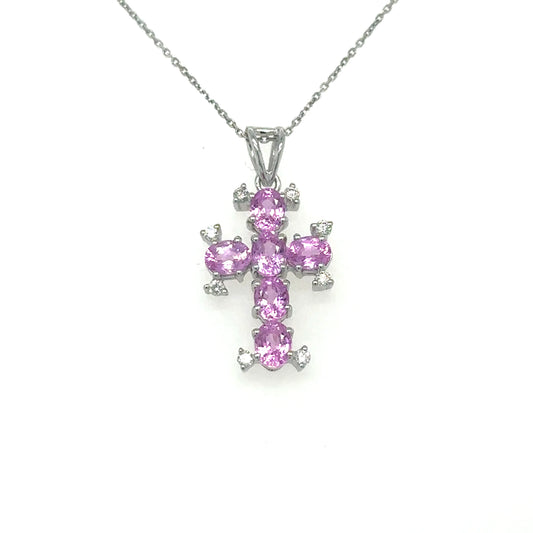 14KT GOLD CROSS WITH PINK SAPPHIRE AND DIAMONDS PENDANT